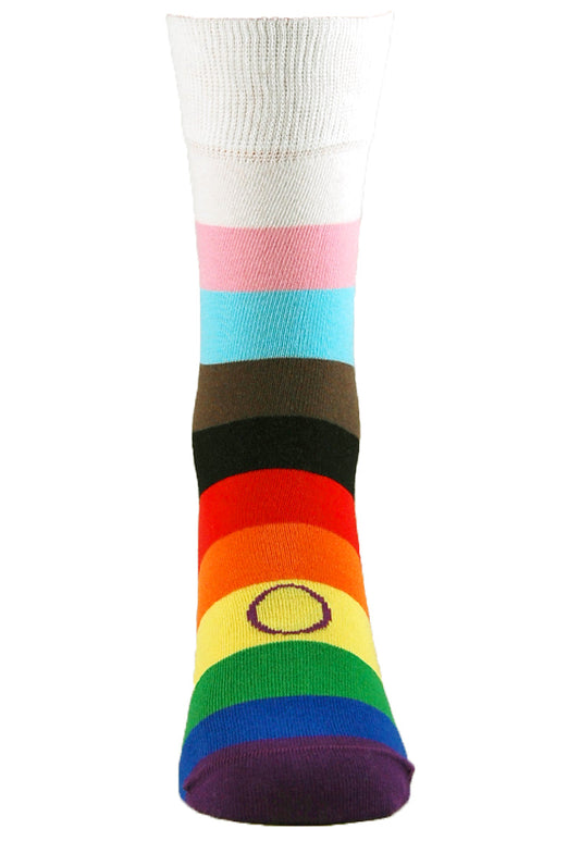 Unisex adults Progress Pride Socks. These Progressive Striped Flag socks have been created with love to support your feet and your “sole”. To assist your true authentic self when you’re walking with purpose, pride, and style. Our range of Genderqueer Pride Socks aim to make the world a brighter and more loving place. 