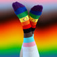 Unisex adults Progress Pride Socks. These Progressive Striped Flag socks have been created with love to support your feet and your “sole”. To assist your true authentic self when you’re walking with purpose, pride, and style. Our range of Genderqueer Pride Socks aim to make the world a brighter and more loving place. 